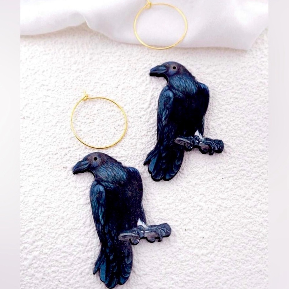“Raven on a Branch” Nevermore Edgar Allan Poe Perched Crow Blackbird Goth Dangle - Picture 3 of 8